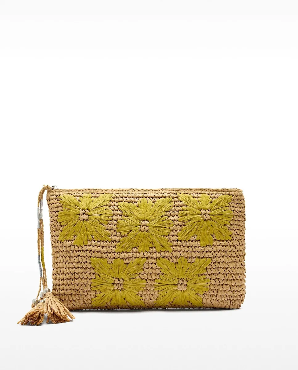 Сумка-клатч в стиле сафари из эффекта рафии с застёжкой-молнией и цветочным декором Parfois, зеленый 
Сумка-клатч в стиле сафари из эффекта рафии с застёжкой-молнией и цветочным декором Parfois, зеленый