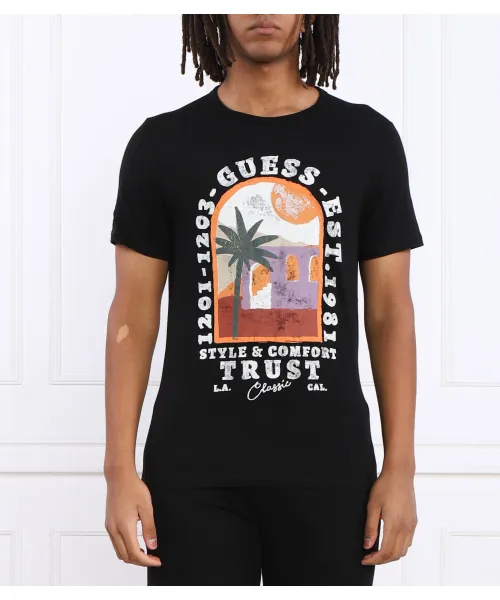 Футболка с пальмовым окном Slim fit Guess Jeans, черный 
Футболка с пальмовым окном Slim fit Guess Jeans, черный