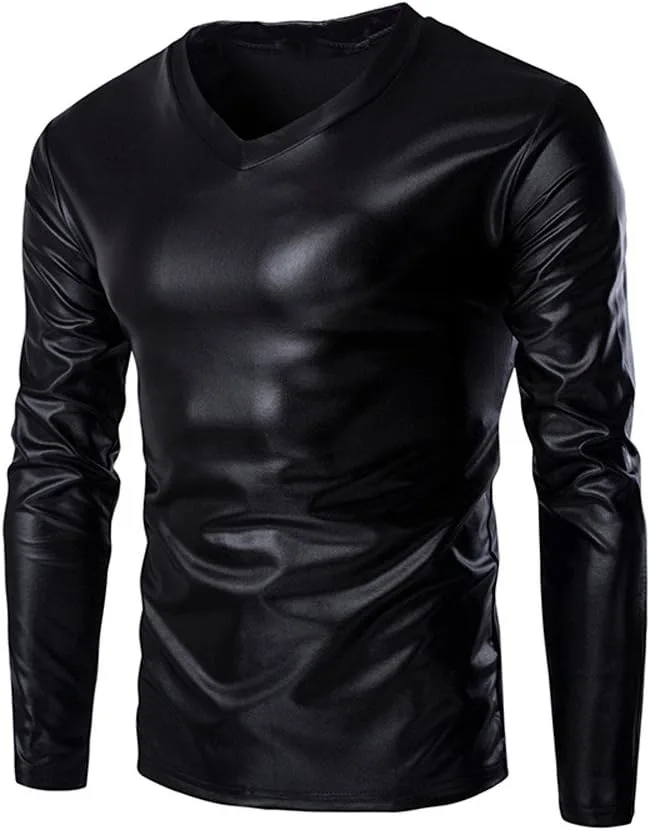 Мужская футболка с длинным рукавом из искусственной кожи с металлическим блеском
Мужская футболка с длинным рукавом из искусственной кожи с металлическим блеском