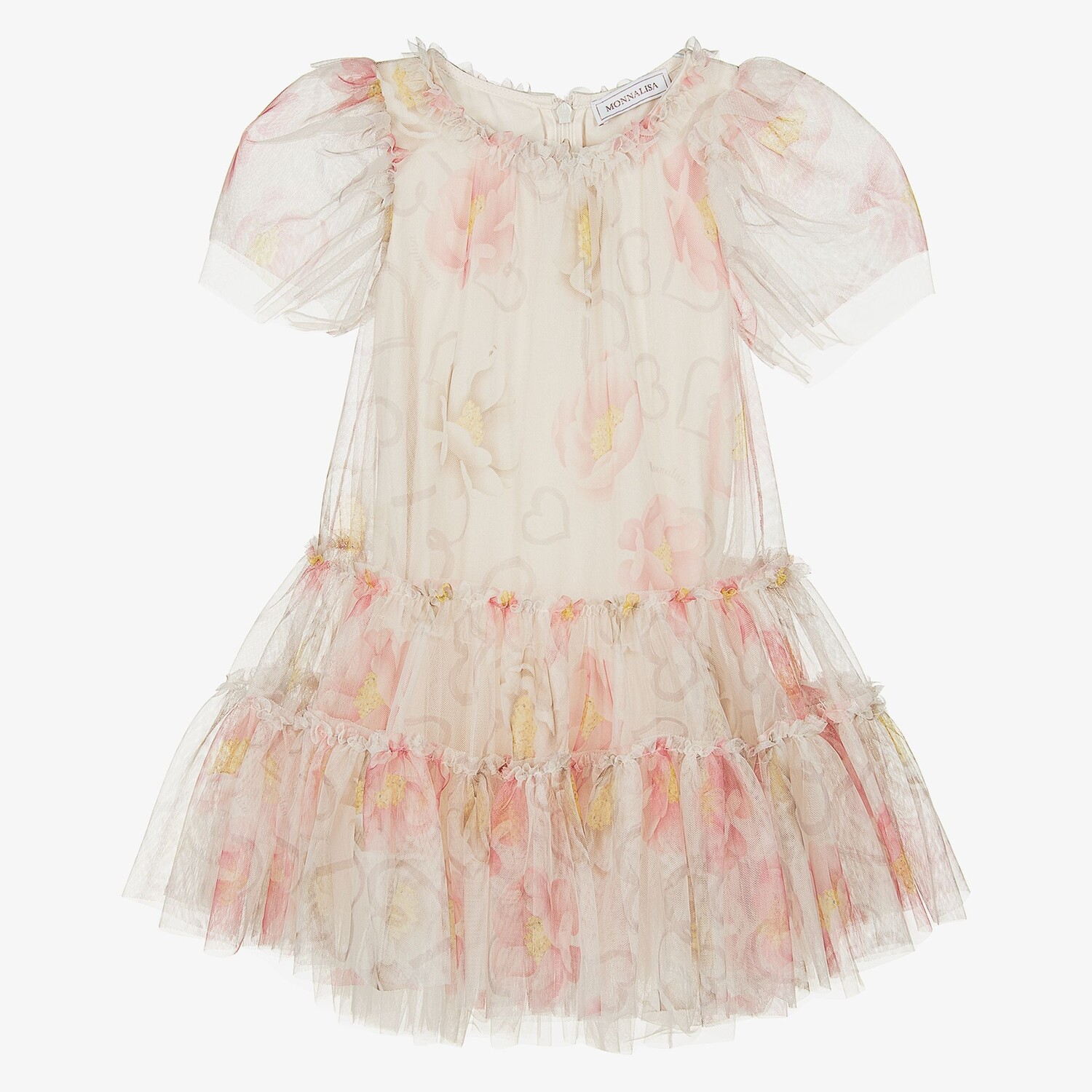 Белое платье с тюлем и цветочным принтом Monnalisa, белый