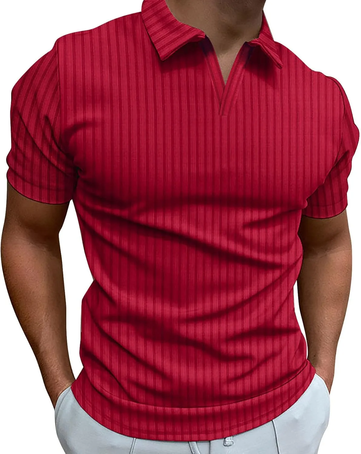 Мужская рубашка с воротником, короткий рукав, V-образный вырез, полоска
Мужская рубашка с воротником, короткий рукав, V-образный вырез, полоска