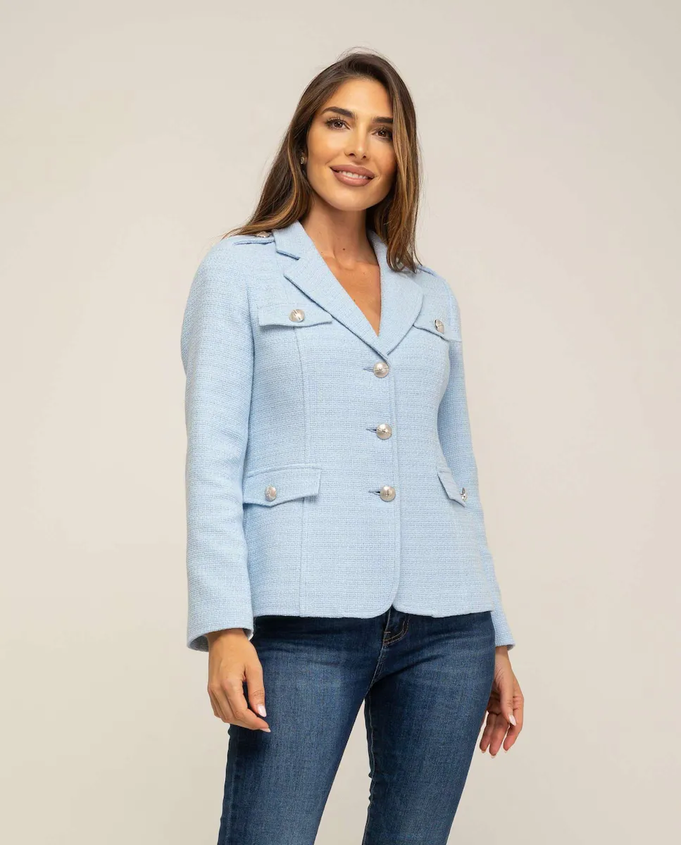 Женский полуприталенный жакет с воротником-лацканом и приталенными рукавами Fsh, светло-голубой
Женский полуприталенный жакет с воротником-лацканом и приталенными рукавами Fsh, светло-голубой