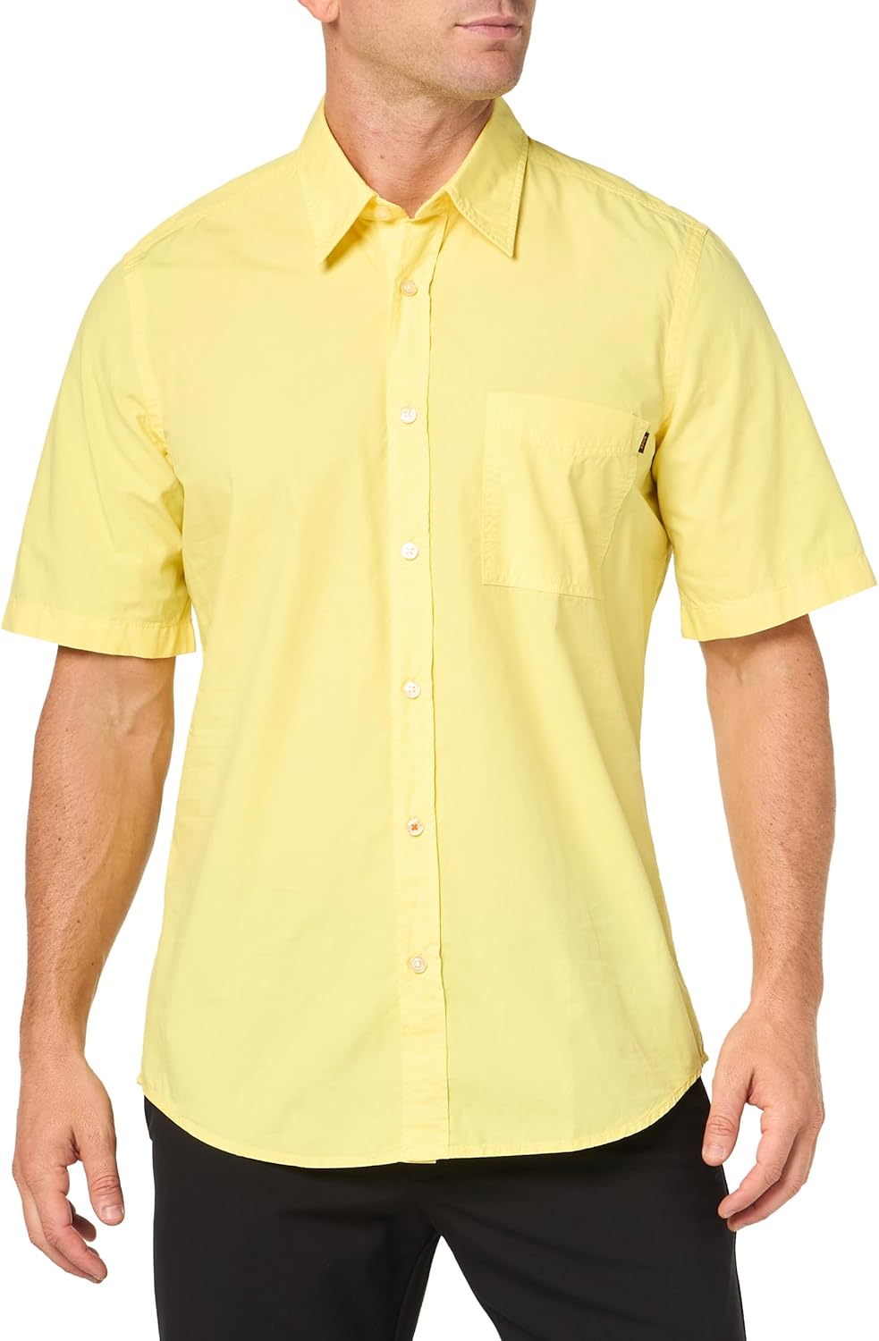 BOSS Мужская однотонная хлопковая рубашка с коротким рукавом и пуговицами, окрашенная в процессе пошива, Goldfinch Yellow
BOSS Мужская однотонная хлопковая рубашка с коротким рукавом и пуговицами, окрашенная в процессе пошива, Goldfinch Yellow