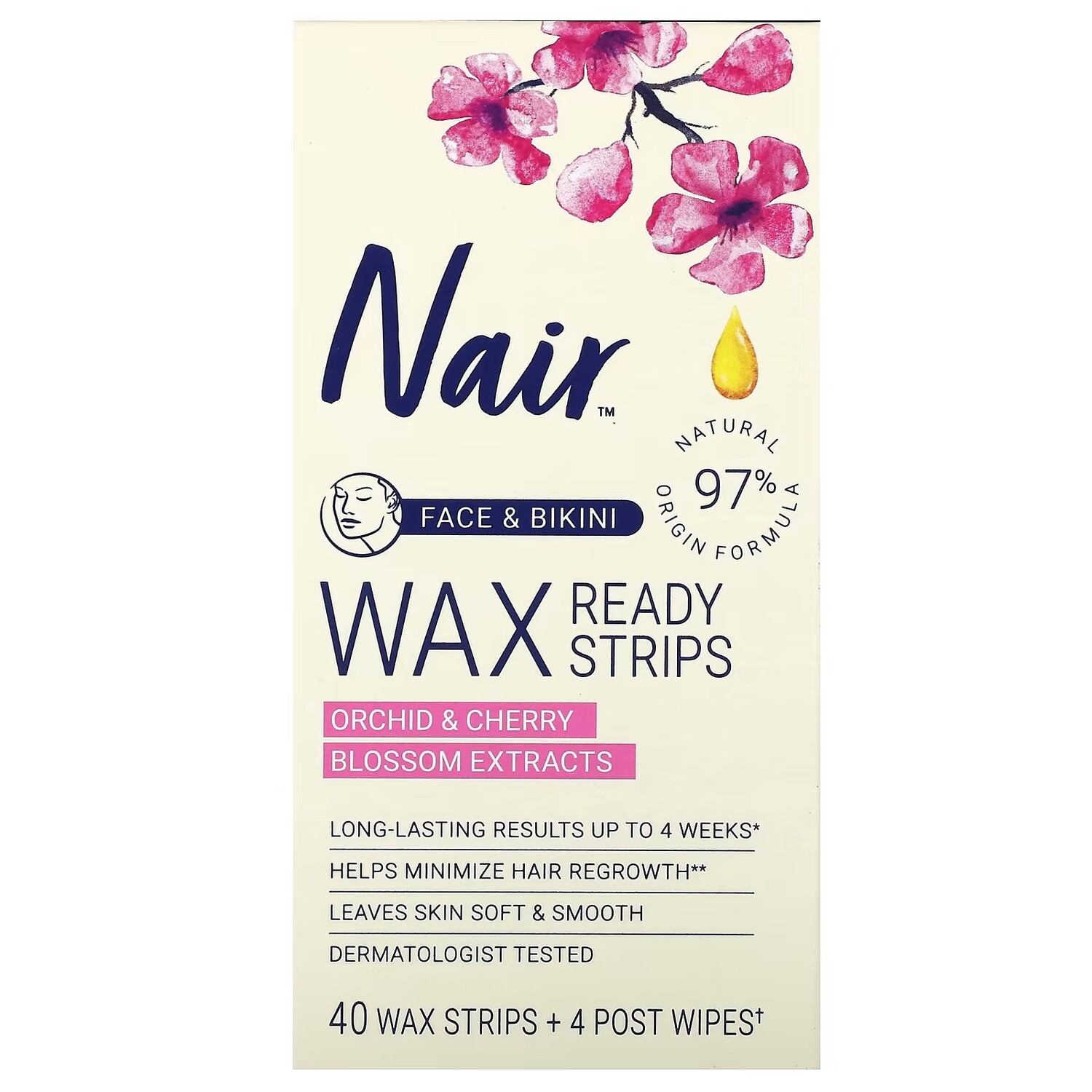 Экстракты орхидеи и вишни Nair Wax Ready Strips для лица и бикини, 40 восковых полосок + 4 салфетки после поста