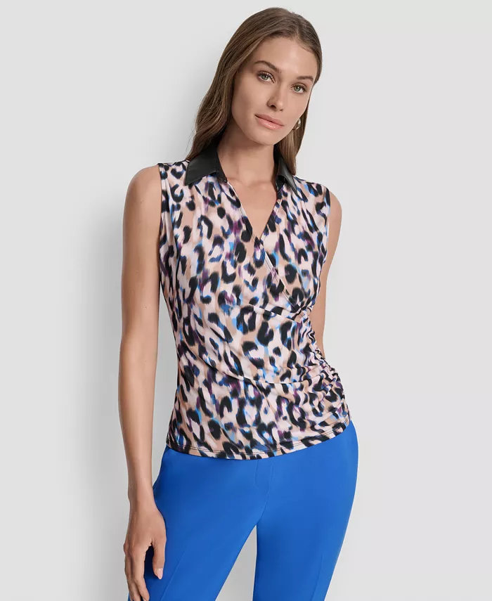 Женский топ с принтом и контрастным воротником DKNY, коричневый 
Женский топ с принтом и контрастным воротником DKNY, коричневый