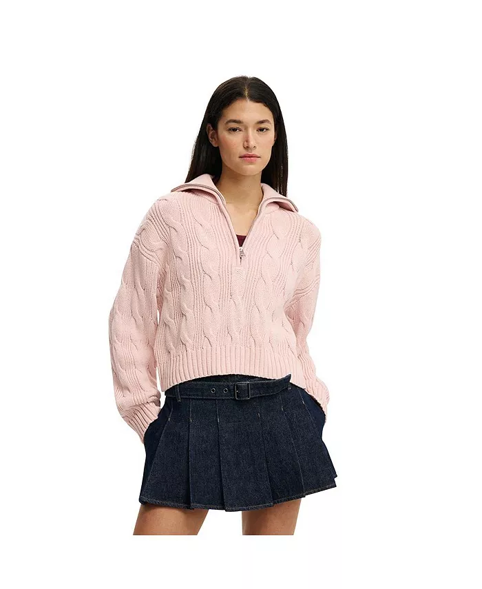 Женский хлопковый свитер с косами и застежкой-молнией на половину длины COTTON ON, розовый 
Женский хлопковый свитер с косами и застежкой-молнией на половину длины COTTON ON, розовый