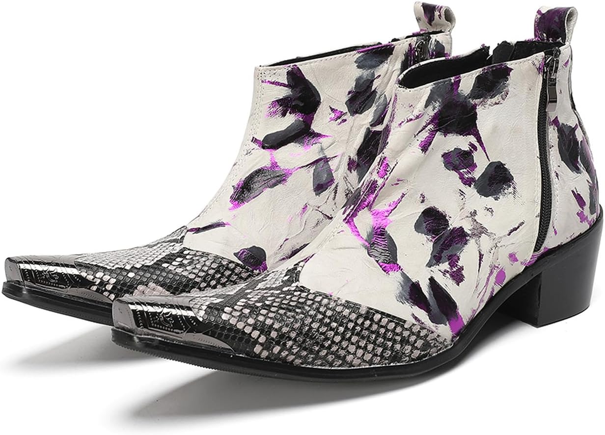 Мужские западные ботинки Chelsea Santimon - модные ботинки из натуральной кожи с металлическим заостренным носком, повседневные ковбойские ботинки с тиснением под кожу змеи и молнией для концертов, дискотек и вечеринок, слоновая кость/фиолетовый
Мужские западные ботинки Chelsea Santimon - модные ботинки из натуральной кожи с металлическим заостренным носком, повседневные ковбойские ботинки с тиснением под кожу змеи и молнией для концертов, дискотек и вечеринок, слоновая кость/фиолетовый