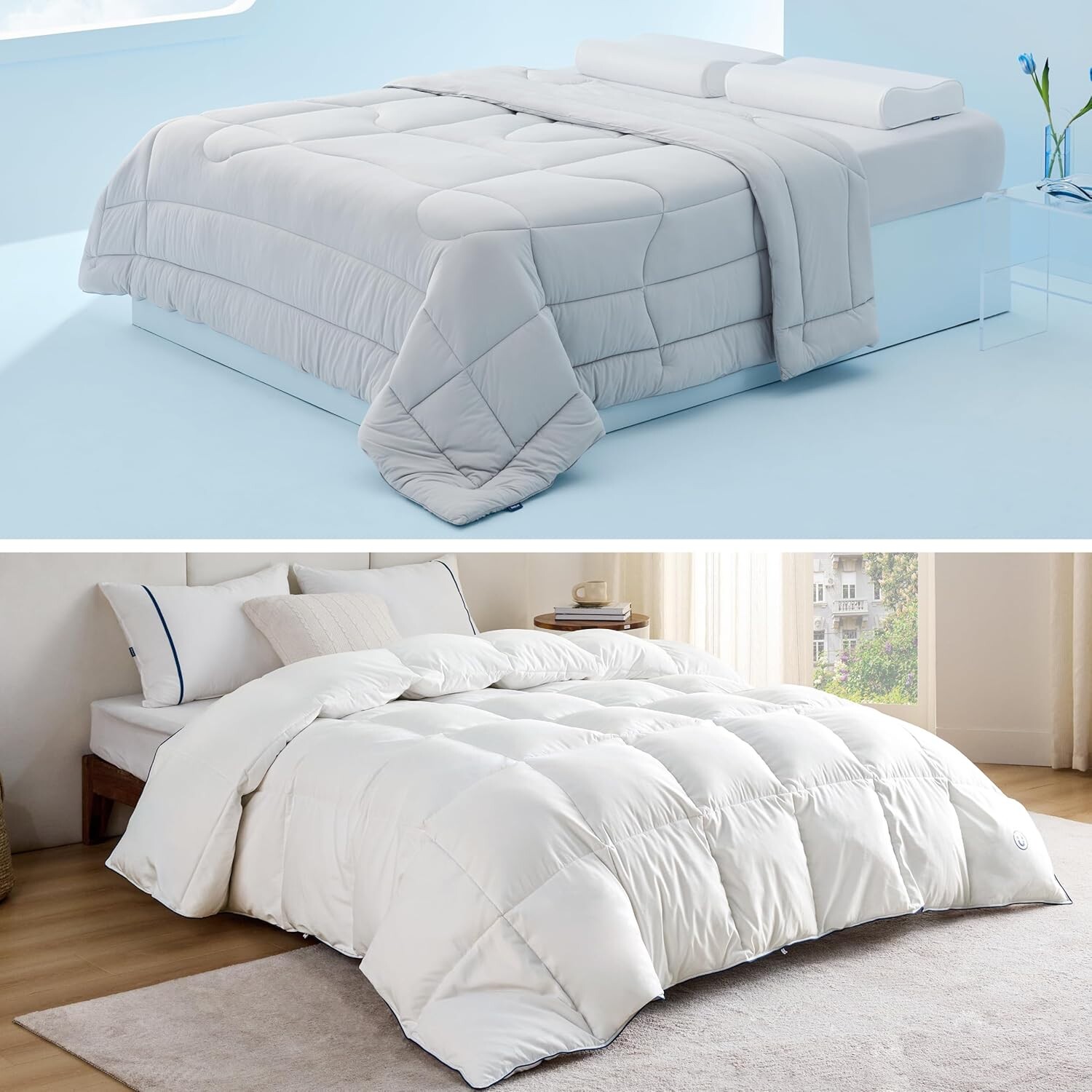 Серое двустороннее одеяло Cool Tech King Size и всесезонное пуховое одеяло King Size Bedsure
Серое двустороннее одеяло Cool Tech King Size и всесезонное пуховое одеяло King Size Bedsure