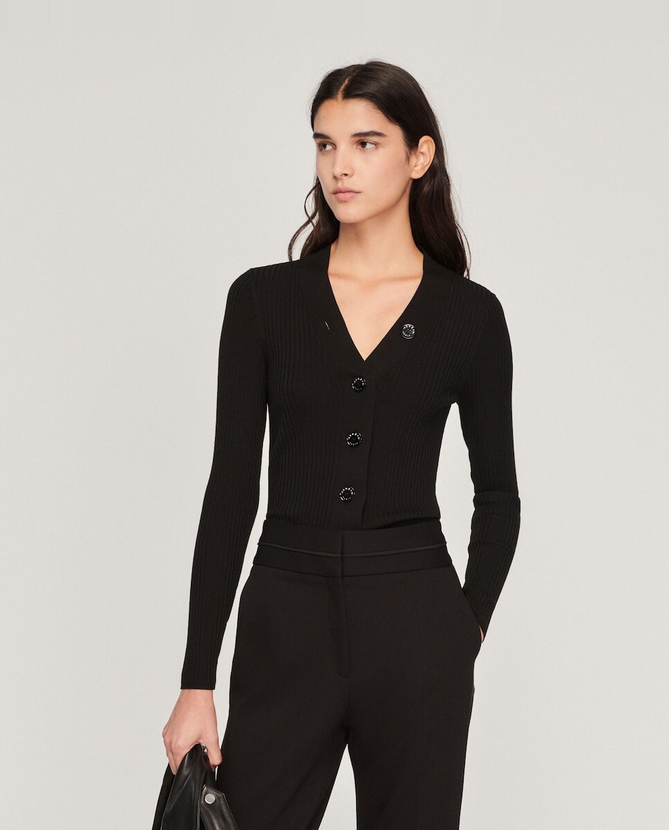 Женский кардиган тонкой вязки в рубчик Sandro, черный 
Женский кардиган тонкой вязки в рубчик Sandro, черный