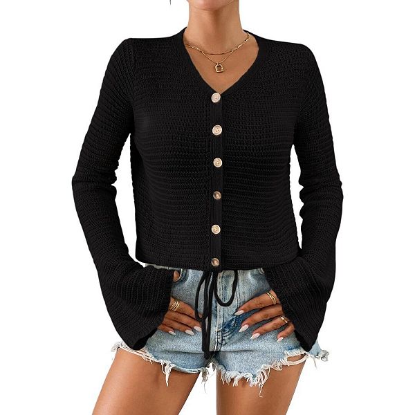 Женский укороченный кардиган с ажурным узором и длинными рукавами-колокол Yesfashion, Black
Женский укороченный кардиган с ажурным узором и длинными рукавами-колокол Yesfashion, Black