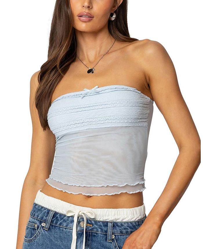 Топ Rori с рюшами из прозрачной трикотажной сетки Edikted, синий 
Топ Rori с рюшами из прозрачной трикотажной сетки Edikted, синий