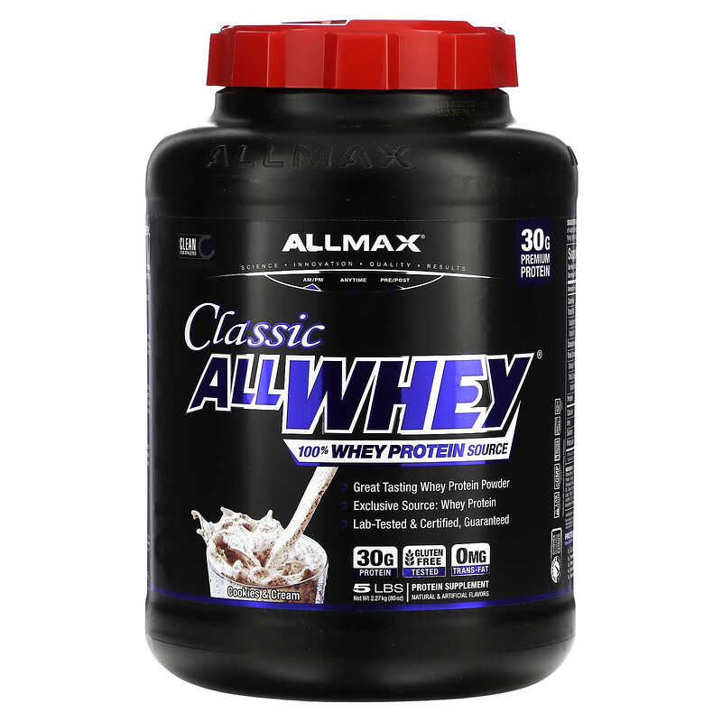 ALLMAX, AllWhey Classic, 100% сывороточный белок, печенье и сливки, 5 фунтов (2,27 кг)
ALLMAX, AllWhey Classic, 100% сывороточный белок, печенье и сливки, 5 фунтов (2,27 кг)
