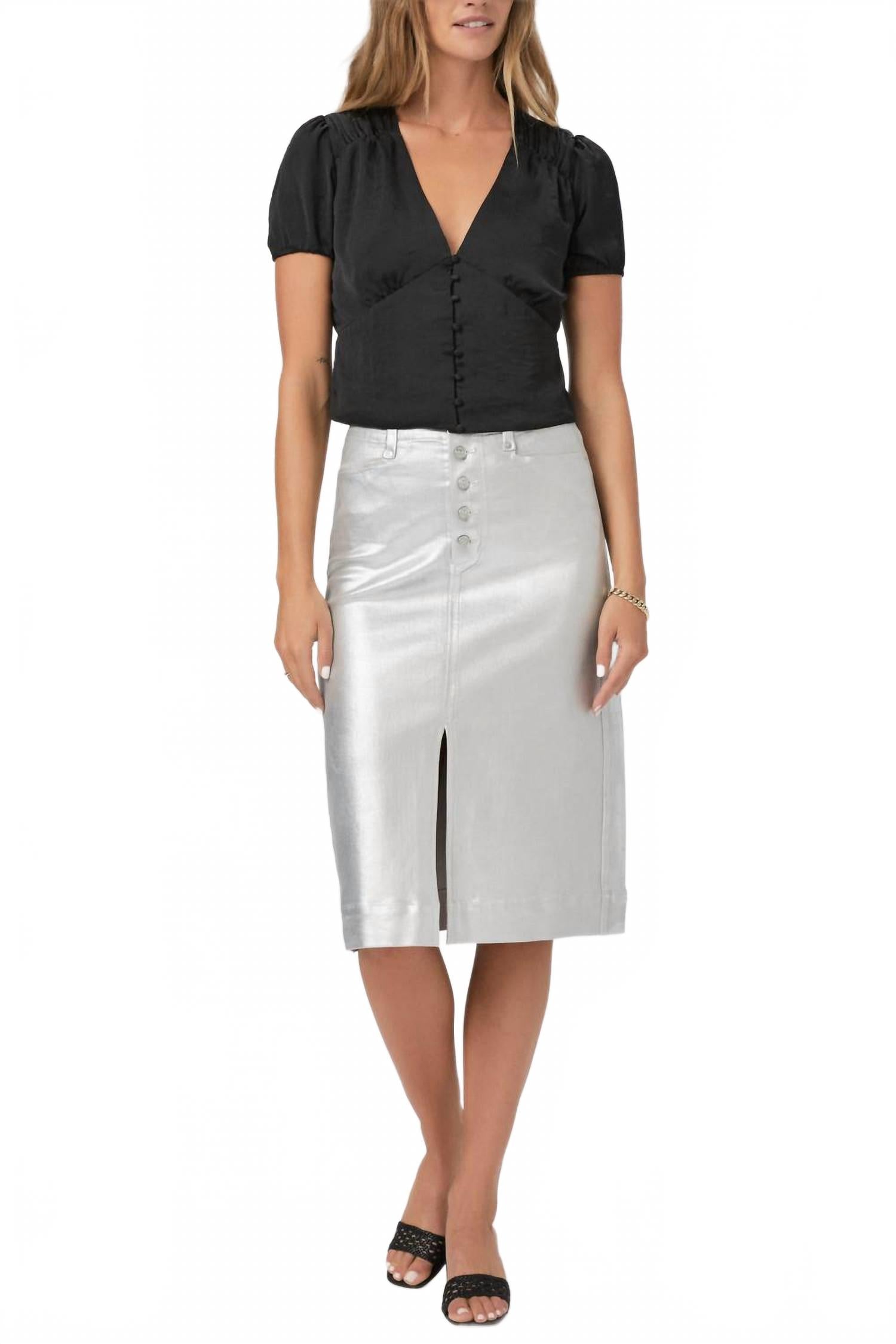 Юбка миди Meadow с платиново-серебристым покрытием Paige
Юбка миди Meadow с платиново-серебристым покрытием Paige