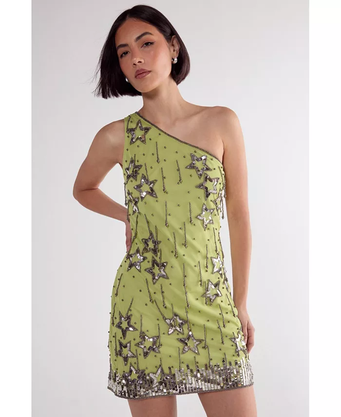 Женское мини-платье на одно плечо с кисточками и пайетками Nasty Gal, зеленый 
Женское мини-платье на одно плечо с кисточками и пайетками Nasty Gal, зеленый