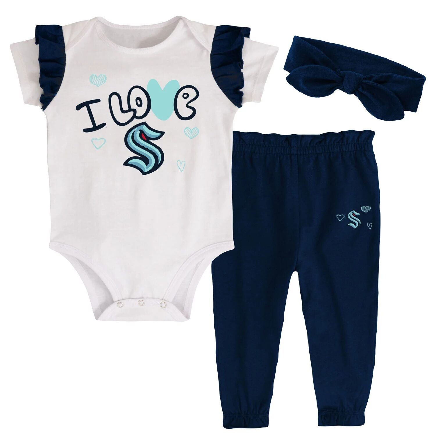 Белый/темно-синий для девочек-младенцев Seattle Kraken I Love Hockey Bodysuit, комплект со штанами и повязкой на голову Outerstuff
Белый/темно-синий для девочек-младенцев Seattle Kraken I Love Hockey Bodysuit, комплект со штанами и повязкой на голову Outerstuff