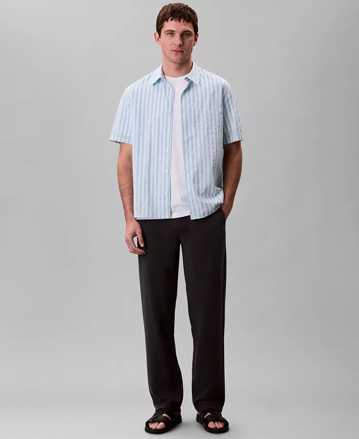 Мужская хлопковая полосатая рубашка с коротким рукавом и фактурной тканью Calvin Klein, синий 
Мужская хлопковая полосатая рубашка с коротким рукавом и фактурной тканью Calvin Klein, синий