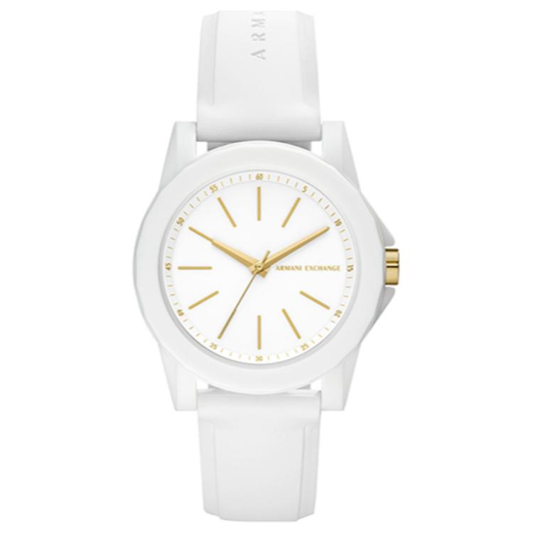 Часы AE с кварцевым механизмом на силиконовом ремешке с белым циферблатом для женщин в подарочной упаковке ARMANI EXCHANGE
Часы AE с кварцевым механизмом на силиконовом ремешке с белым циферблатом для женщин в подарочной упаковке ARMANI EXCHANGE