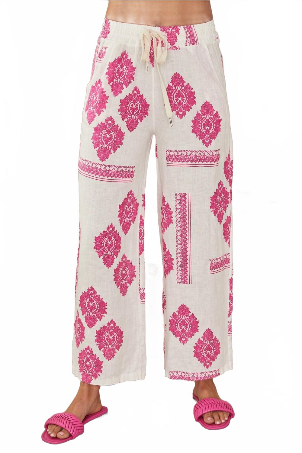 Льняные дамасские брюки в бело-фуксии Milio Milano
Льняные дамасские брюки в бело-фуксии Milio Milano