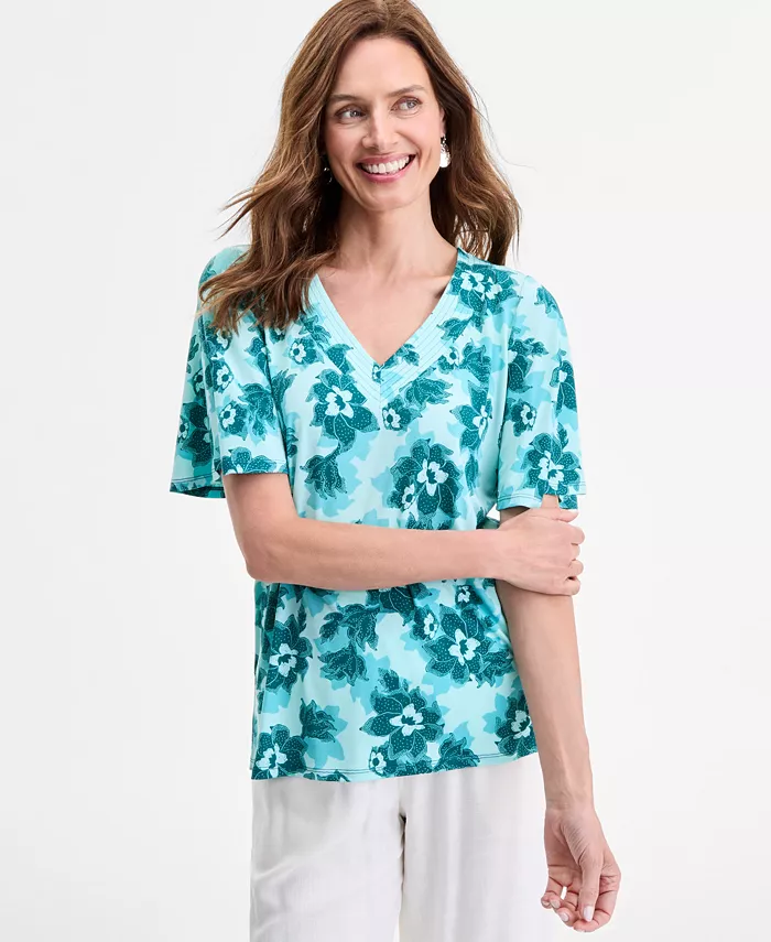 Женский трикотажный топ с V-образным вырезом и короткими рукавами JM Collection, синий
Женский трикотажный топ с V-образным вырезом и короткими рукавами JM Collection, синий