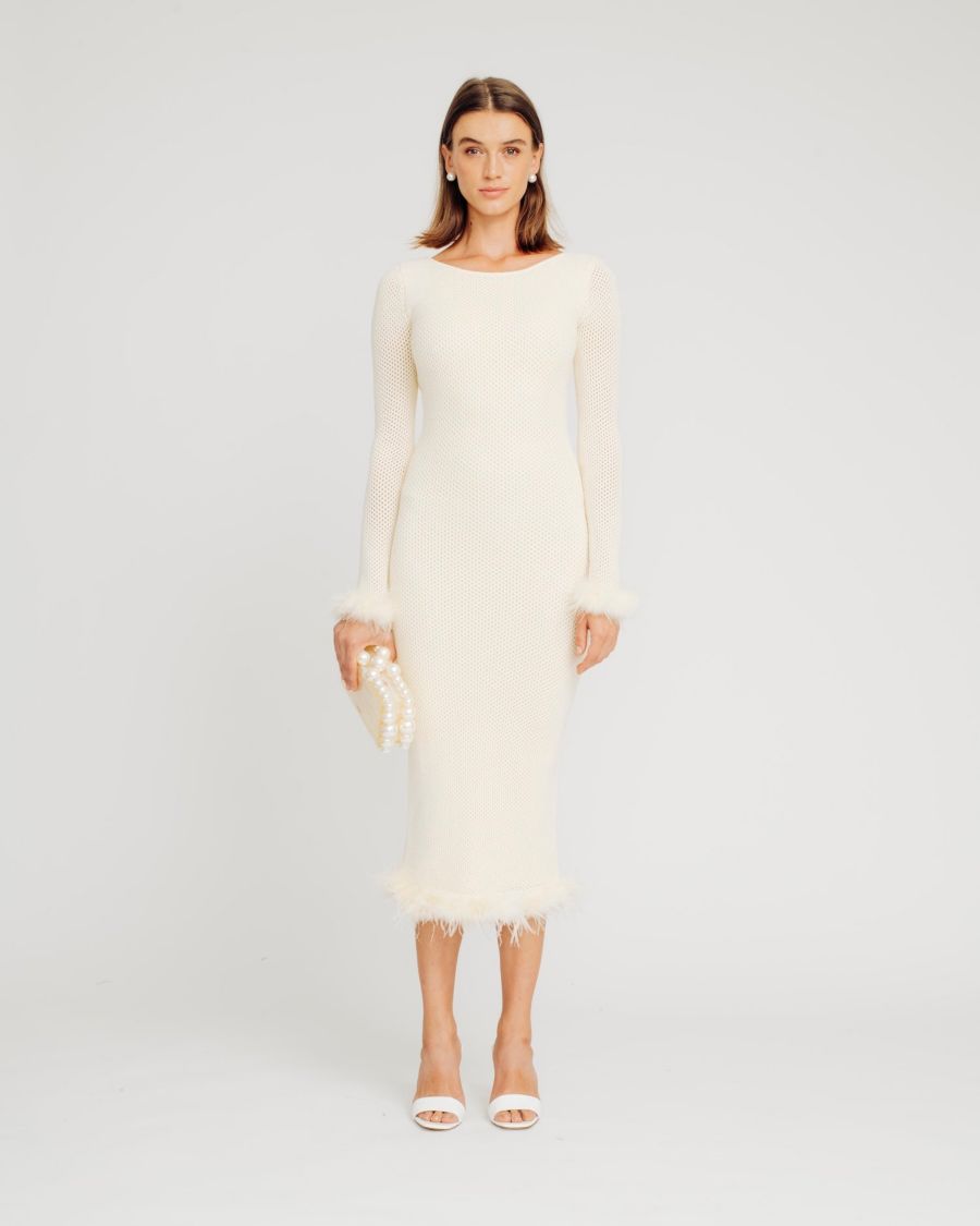 Женское вязаное платье Спокойствие с перьевой отделкой и открытой спиной TORN BY RONNY KOBO, Organic
Женское вязаное платье Спокойствие с перьевой отделкой и открытой спиной TORN BY RONNY KOBO, Organic