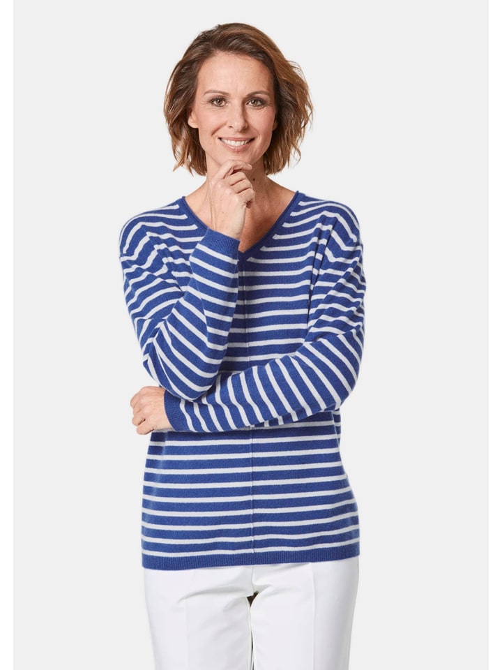 Короткий размер: базовый кашемировый свитер с V-образным вырезом темно-синего/белого/полосатого цвета. GOLDNER
Короткий размер: базовый кашемировый свитер с V-образным вырезом темно-синего/белого/полосатого цвета. GOLDNER