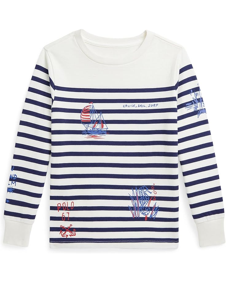 Футболка Polo Ralph Lauren Kids Striped Cotton Graphic Long-sleeve Tee, цвет Deckwash White/Boathouse Navy 
Футболка Polo Ralph Lauren Kids Striped Cotton Graphic Long-sleeve Tee, цвет Deckwash White/Boathouse Navy