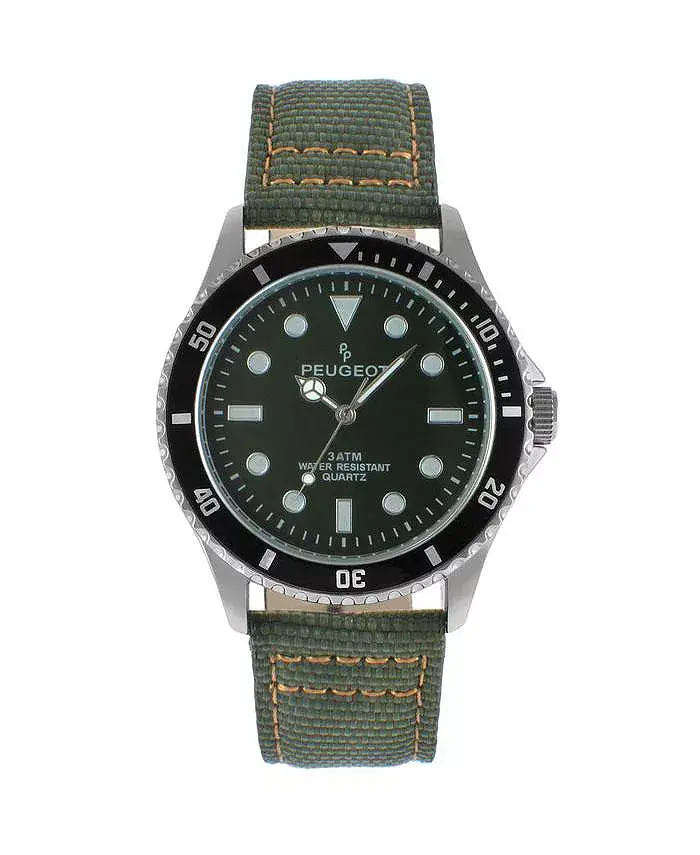 Мужские часы 42 мм Sport Bezel с хаки-зеленым циферблатом и ремешком из ткани Peugeot
Мужские часы 42 мм Sport Bezel с хаки-зеленым циферблатом и ремешком из ткани Peugeot
