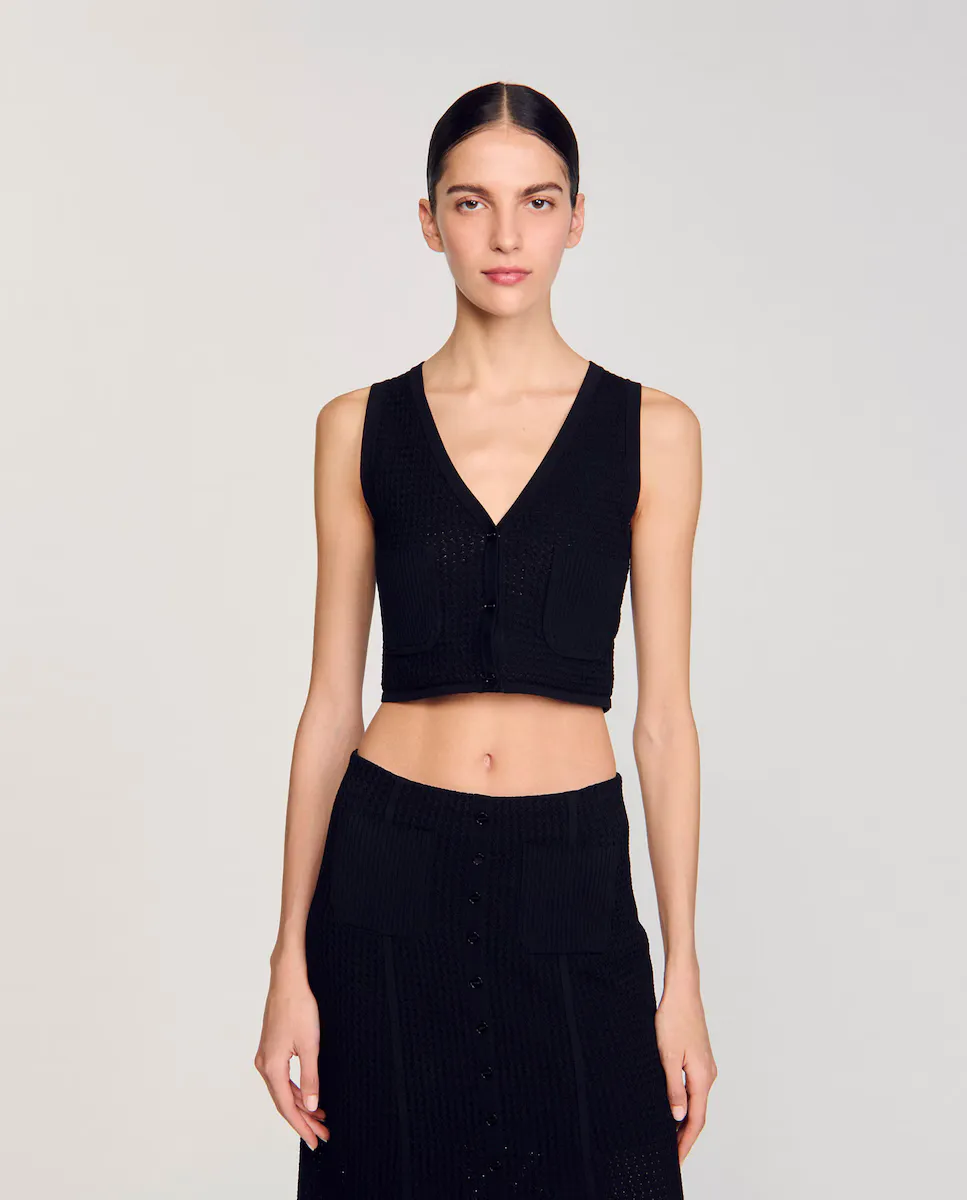 Женский фантазийный трикотажный жилет с карманами Sandro, чёрный
Женский фантазийный трикотажный жилет с карманами Sandro, чёрный