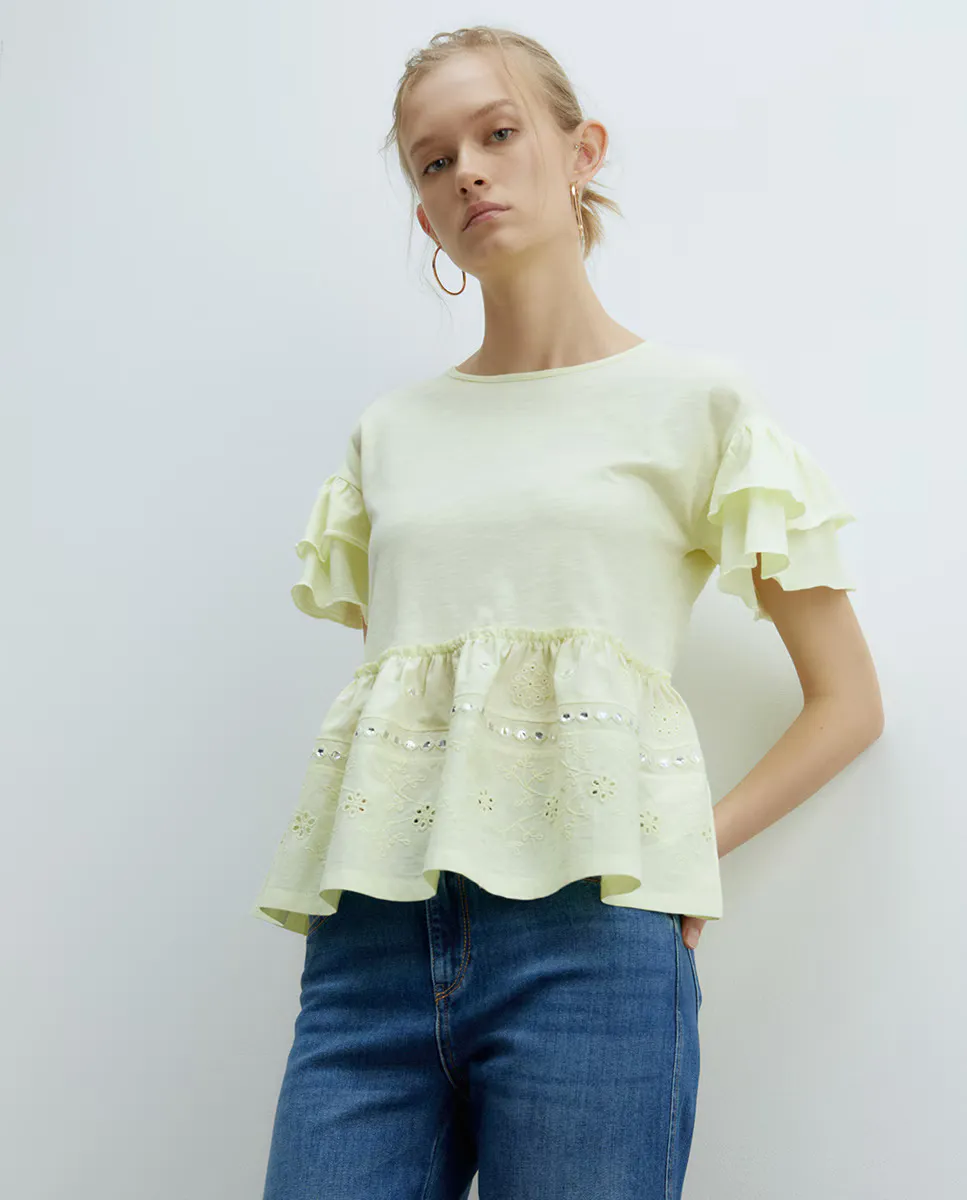 Вышитая футболка с воланами Sfera, желтый 
Вышитая футболка с воланами Sfera, желтый