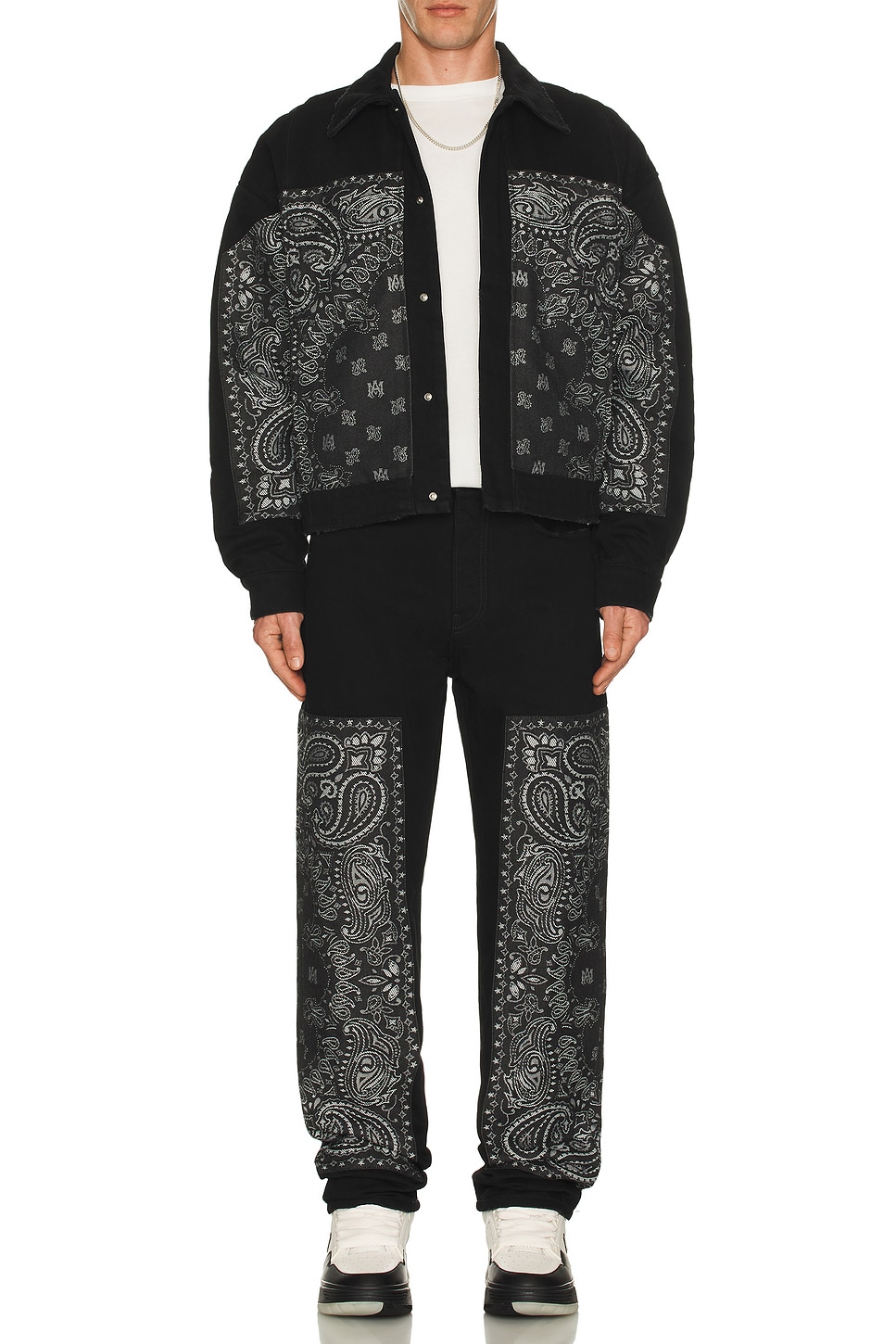 Джинсы прямые с жаккардовыми вставками и банданой Amiri, Black OD 
Джинсы прямые с жаккардовыми вставками и банданой Amiri, Black OD