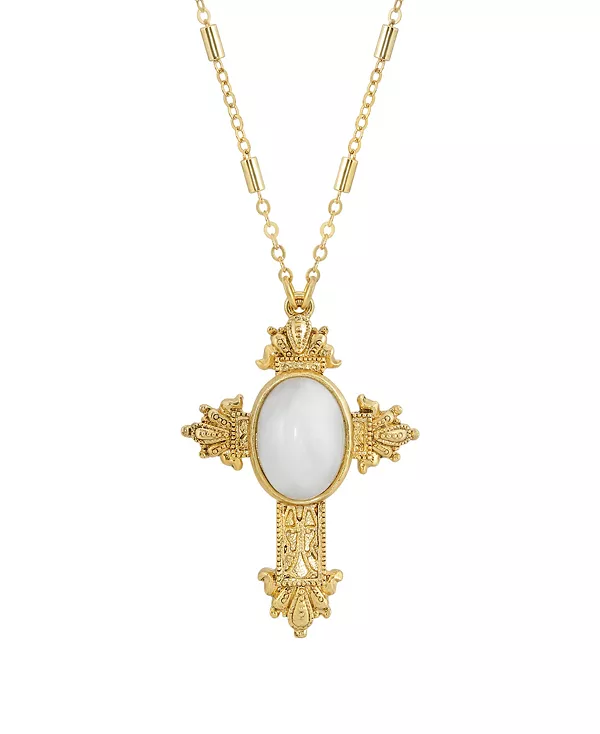 Ожерелье с полудрагоценным белым кварцем, покрытым 14-каратным золотом, овальной формы, крест длиной 28 дюймов Symbols Of Faith, white
Ожерелье с полудрагоценным белым кварцем, покрытым 14-каратным золотом, овальной формы, крест длиной 28 дюймов Symbols Of Faith, white