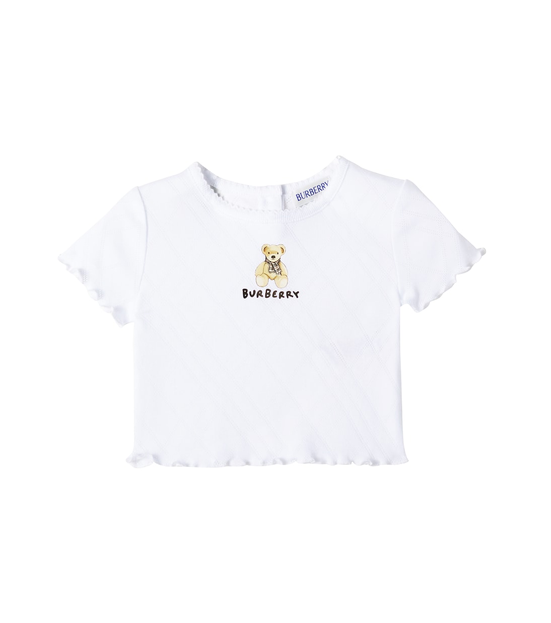 Футболка из хлопка с рюшами и принтом Baby logo Burberry Kids, белый 
Футболка из хлопка с рюшами и принтом Baby logo Burberry Kids, белый