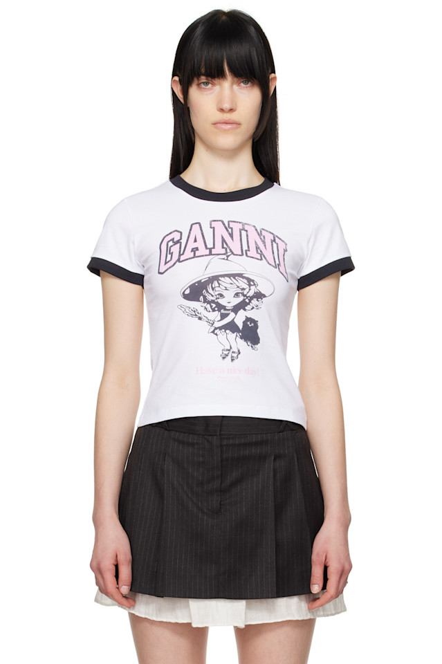 Базовый джерси ведьма маленькая футболка Ganni, белый 
Базовый джерси ведьма маленькая футболка Ganni, белый