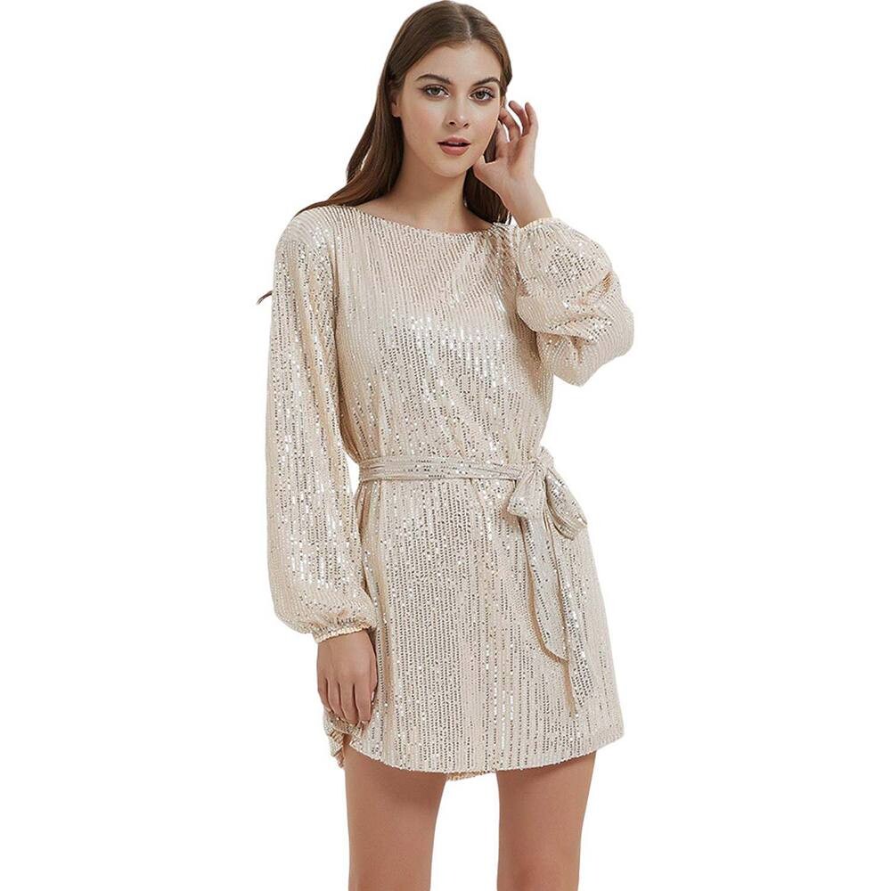 Женское блестящее вечернее платье с блестками и длинным рукавом с круглым вырезом, элегантные свободные модные платья Anna-Kaci, кремовый