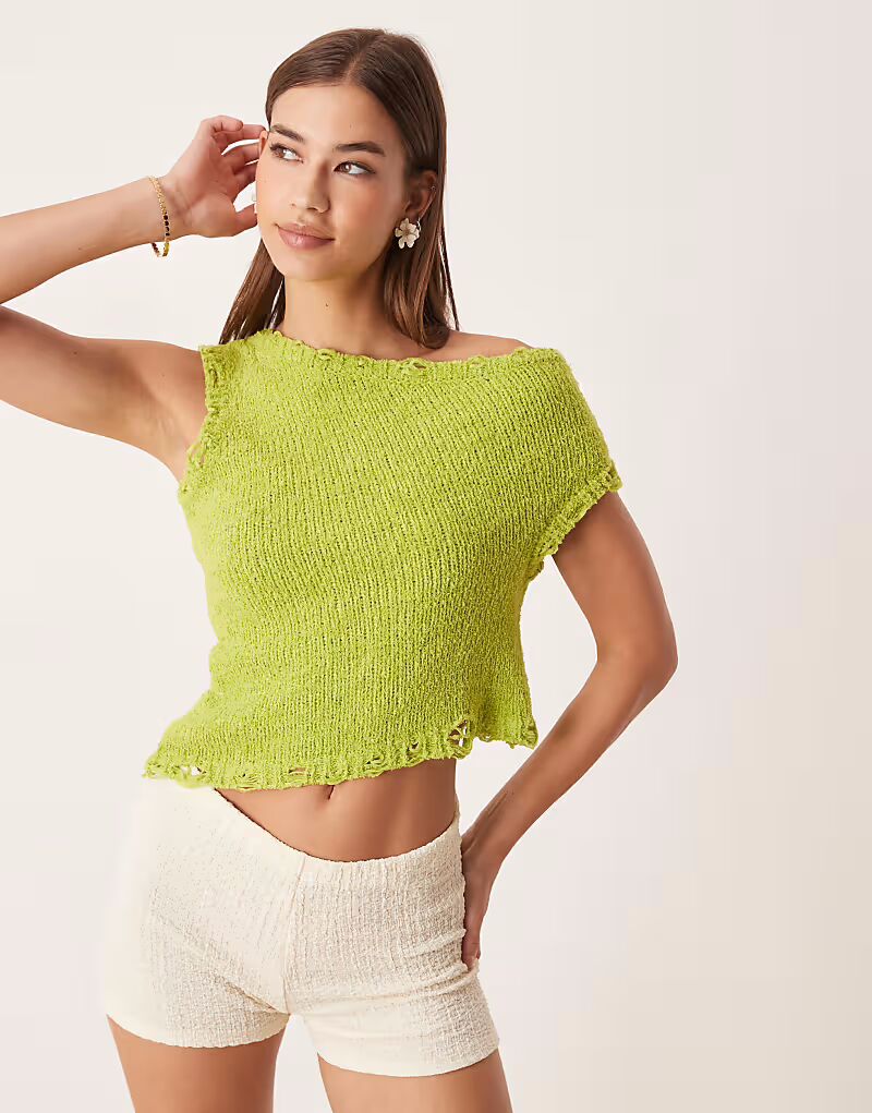 Вязаный топ на одно плечо из пряжи типа «шифон» с необработанным краем зеленого цвета Asos Design
Вязаный топ на одно плечо из пряжи типа «шифон» с необработанным краем зеленого цвета Asos Design
