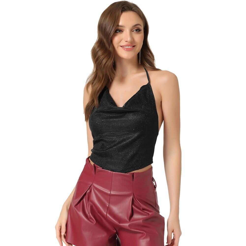 Блестящий топ с лямкой на бретельках для женщин, драпированные клубные топы с капюшоном и открытой спиной, укороченные топы на бретельках ALLEGRA K, черный 
Блестящий топ с лямкой на бретельках для женщин, драпированные клубные топы с капюшоном и открытой спиной, укороченные топы на бретельках ALLEGRA K, черный