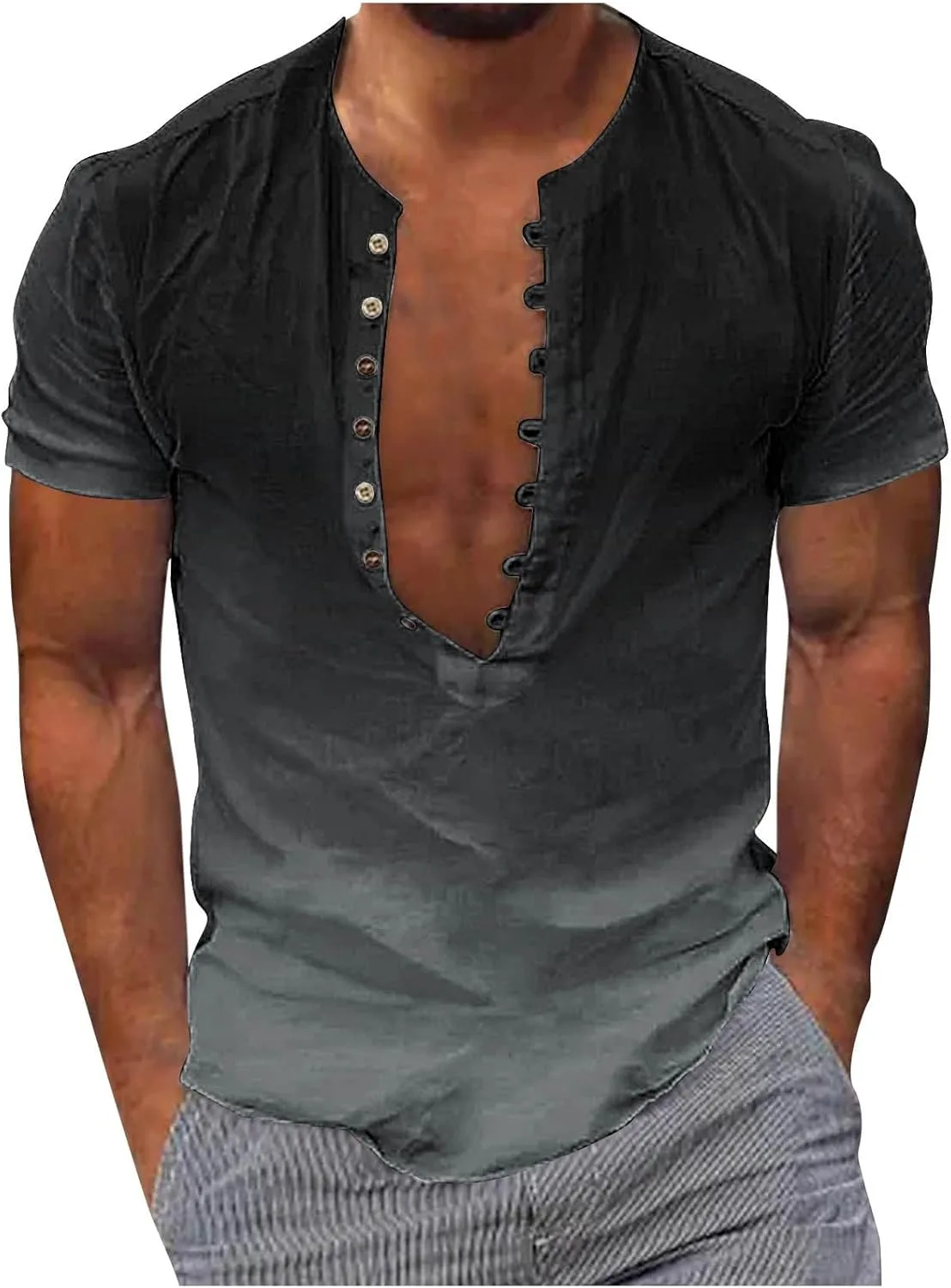 Футболка с V-образным вырезом и пуговицами для мужчин, Casual, короткий рукав, градиентный цвет QUNPIU
Футболка с V-образным вырезом и пуговицами для мужчин, Casual, короткий рукав, градиентный цвет QUNPIU