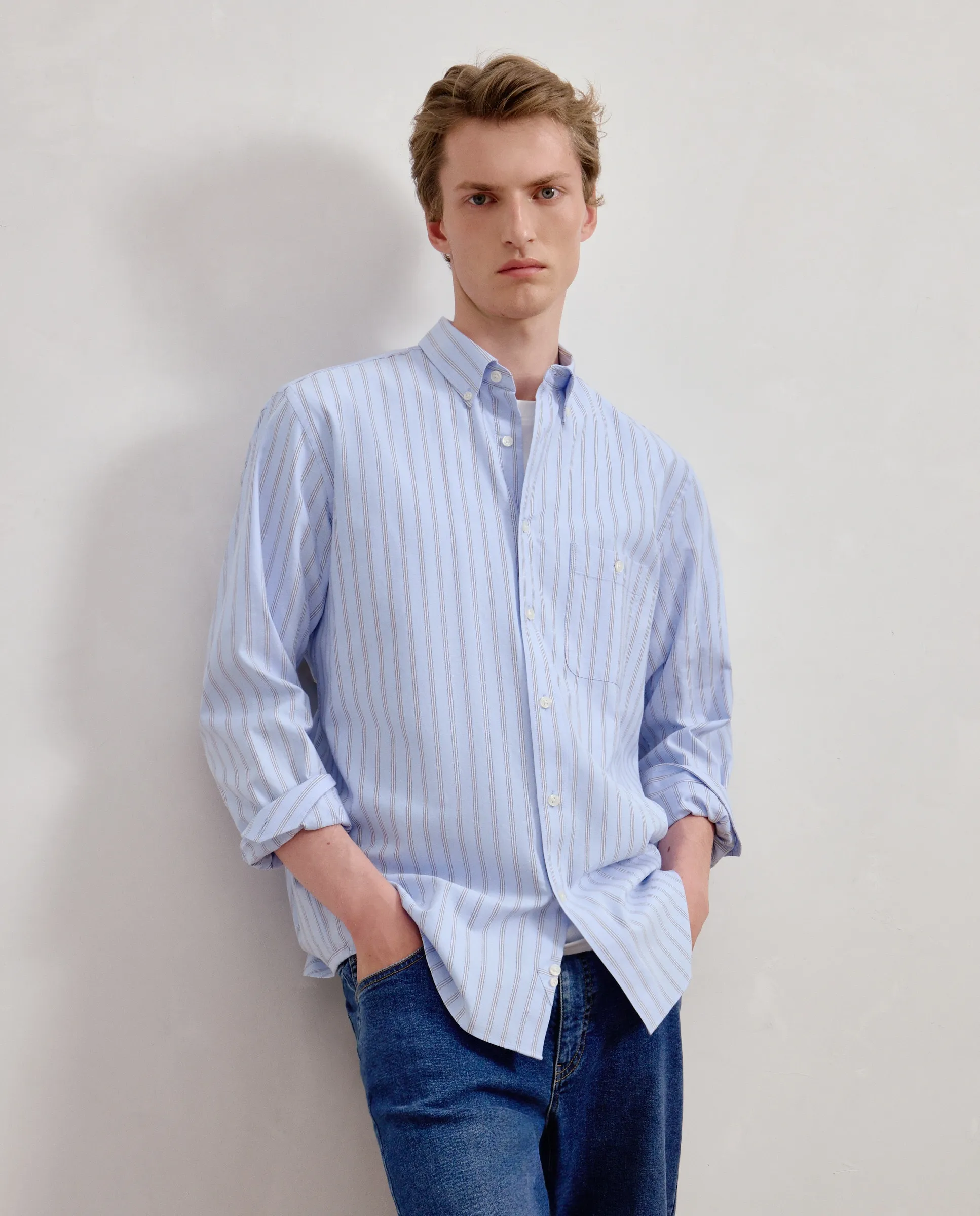 Классическая мужская рубашка с длинным рукавом оксфорд в двухцветную полоску Dustin, светло-голубой 
Классическая мужская рубашка с длинным рукавом оксфорд в двухцветную полоску Dustin, светло-голубой