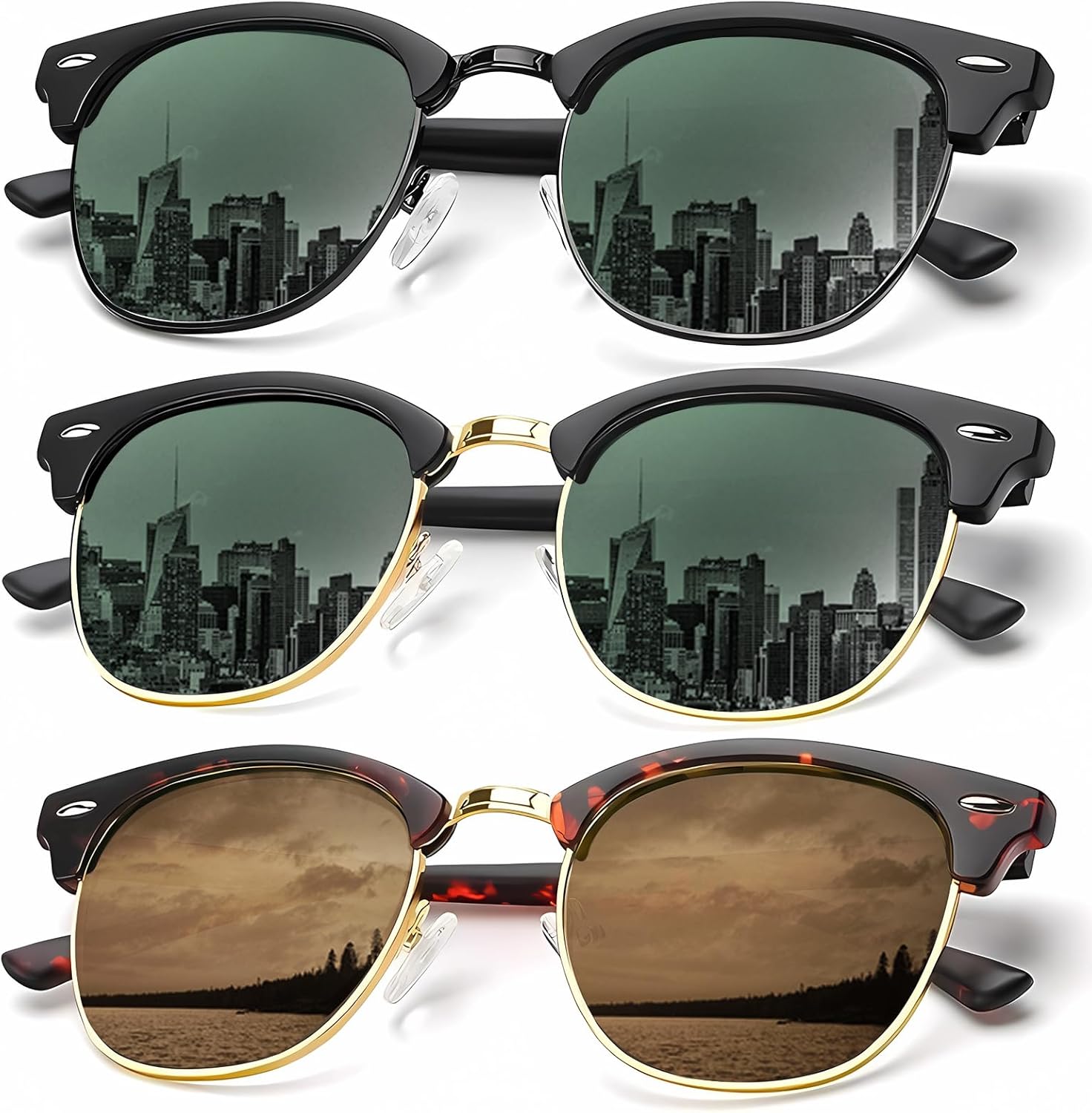 Солнцезащитные очки KALIYADI для мужчин, поляризованные, унисекс, полуободковая оправа, ретро-стиль, для вождения, с защитой от УФ-излучения, D07-(3 Pack) Golden G15/Black G15/Tortoise Brown
Солнцезащитные очки KALIYADI для мужчин, поляризованные, унисекс, полуободковая оправа, ретро-стиль, для вождения, с защитой от УФ-излучения, D07-(3 Pack) Golden G15/Black G15/Tortoise Brown