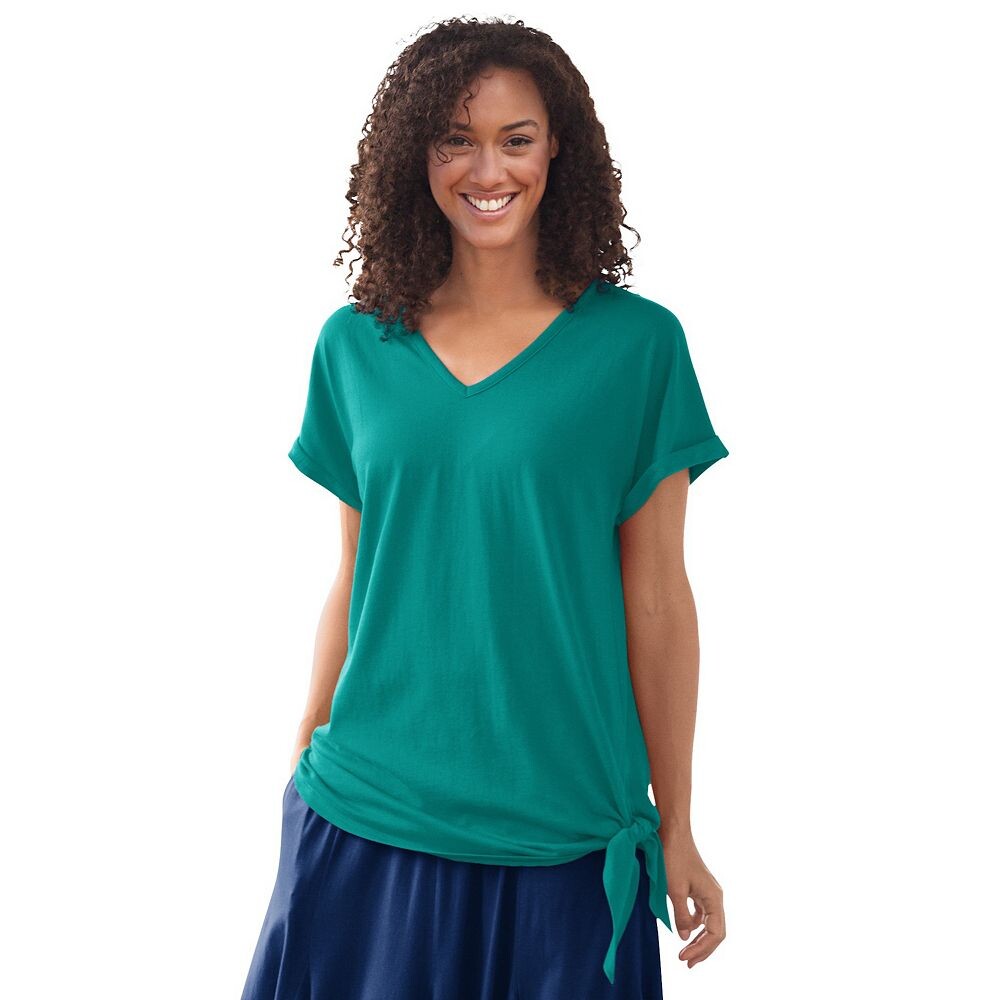 Женщина в женской трикотажной футболке больших размеров с завязками по бокам Woman Within, цвет Waterfall 
Женщина в женской трикотажной футболке больших размеров с завязками по бокам Woman Within, цвет Waterfall