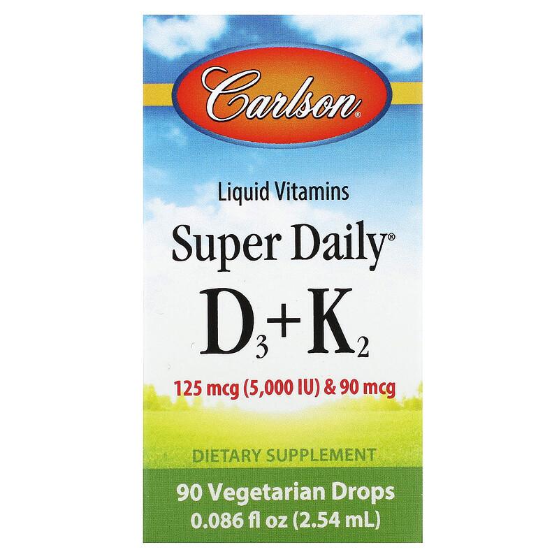Carlson, Super Daily D3 + K2, 125 мкг (5000 МЕ) и 90 мкг, 2,54 мл (0,086 жидк. унции)
Carlson, Super Daily D3 + K2, 125 мкг (5000 МЕ) и 90 мкг, 2,54 мл (0,086 жидк. унции)