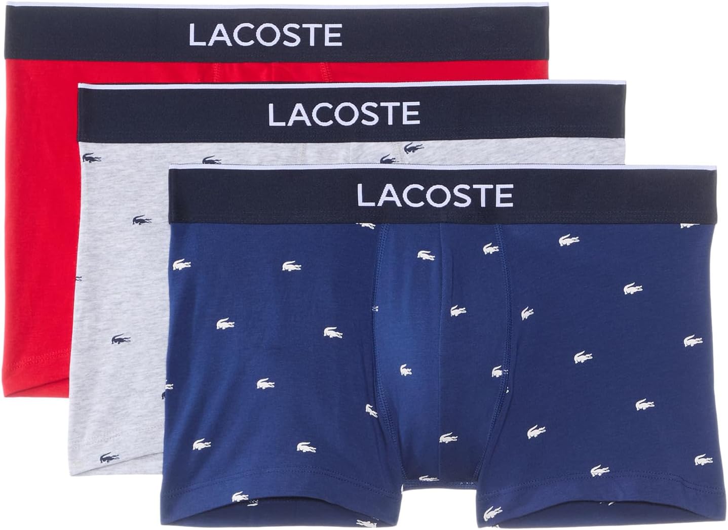 Мужские хлопковые стрейчевые мини-боксеры с крокодиловым принтом, упаковка 3 шт. Lacoste, Navy Blue/Gray/Red
Мужские хлопковые стрейчевые мини-боксеры с крокодиловым принтом, упаковка 3 шт. Lacoste, Navy Blue/Gray/Red