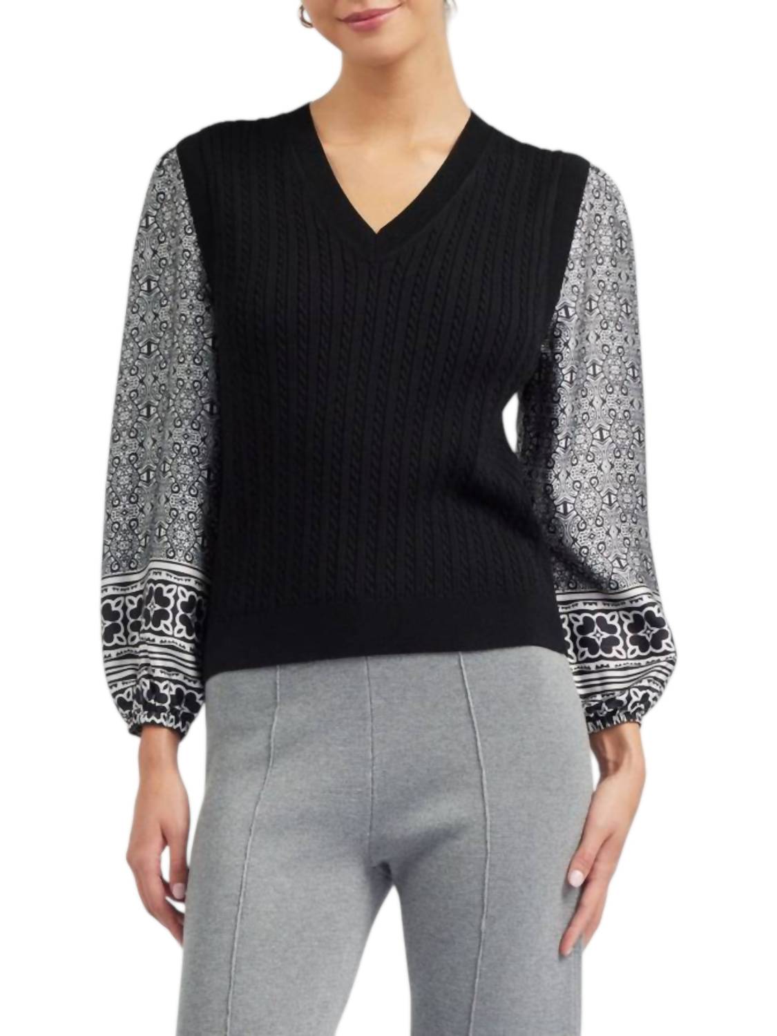 Черный свитер с кабельной вязкой и рукавами-бордерами Current air
Черный свитер с кабельной вязкой и рукавами-бордерами Current air