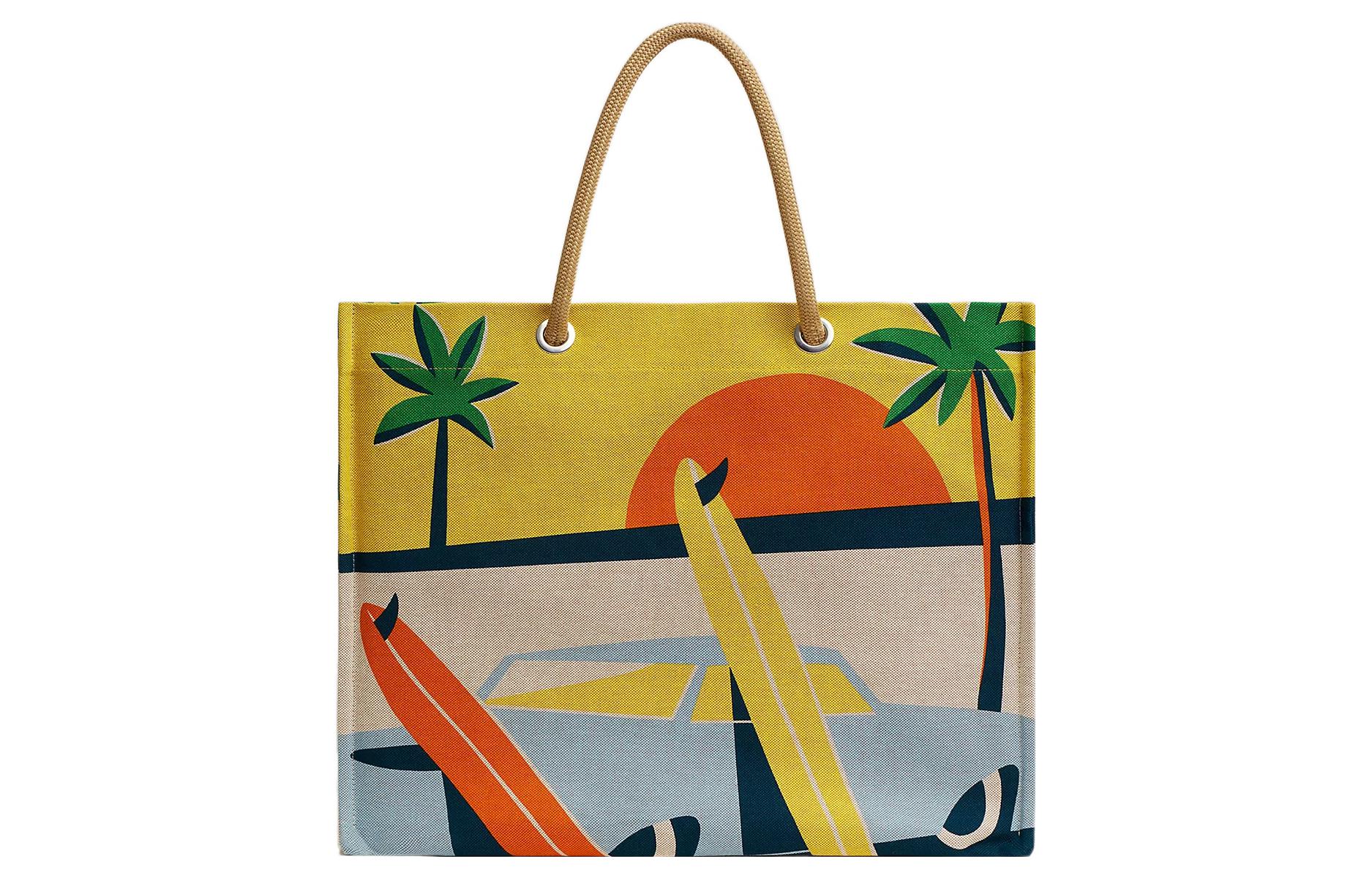 HERMES Хлопковая сумка шоппер через плечо женская желто-голубая 
HERMES Хлопковая сумка шоппер через плечо женская желто-голубая