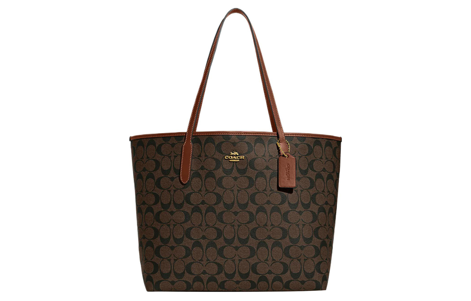 Городской холст с кожаной сумкой-тоут Шопер Плечевая сумка Женская большая Коричневая и красного дерева COACH 
Городской холст с кожаной сумкой-тоут Шопер Плечевая сумка Женская большая Коричневая и красного дерева COACH