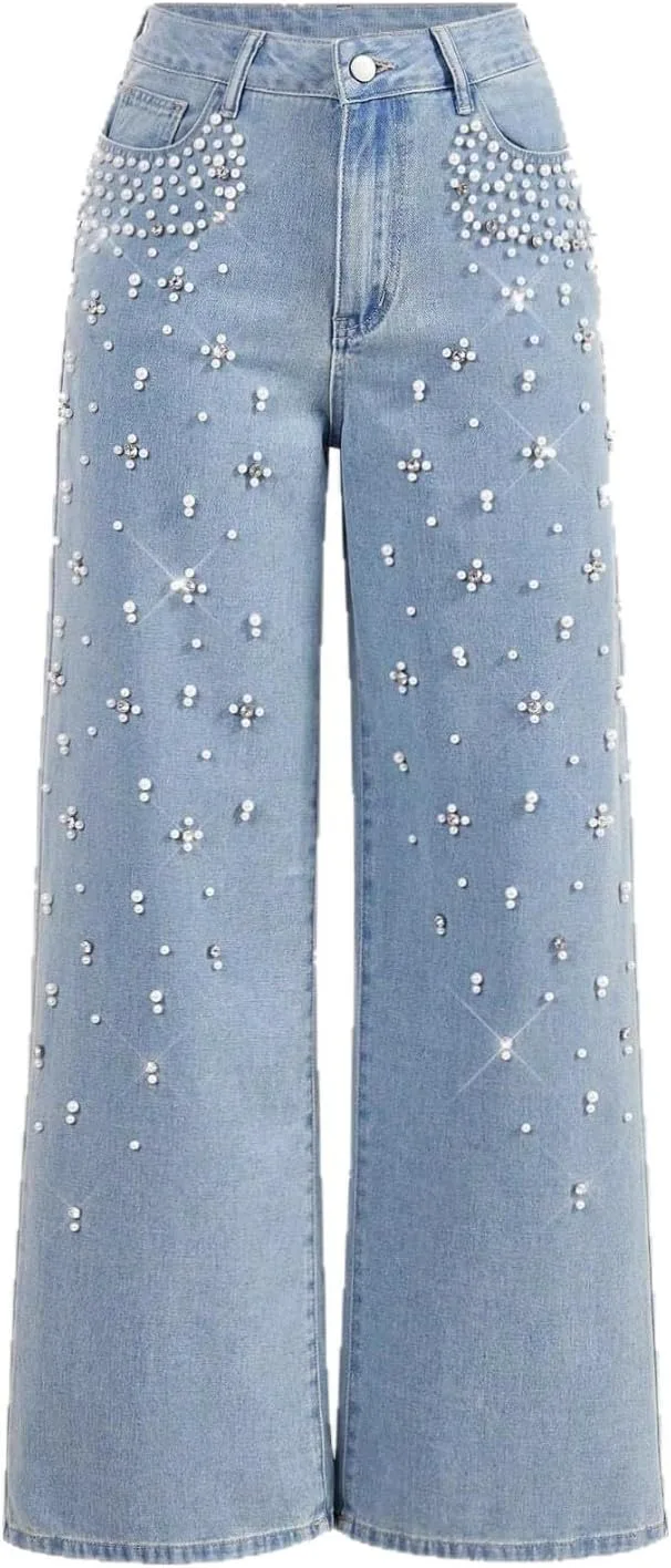 FUNSEED джинсы для женщин Mid Waisted Straight Wide Leg с жемчужными стразами
FUNSEED джинсы для женщин Mid Waisted Straight Wide Leg с жемчужными стразами