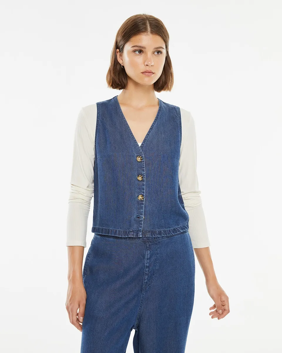 Женский струящийся жилет из денима с V-образным вырезом System Action, синий
Женский струящийся жилет из денима с V-образным вырезом System Action, синий