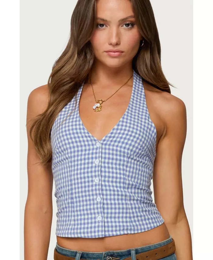 Женский топ Evan Gingham на пуговицах с бретелькой через шею Edikted, синий
Женский топ Evan Gingham на пуговицах с бретелькой через шею Edikted, синий