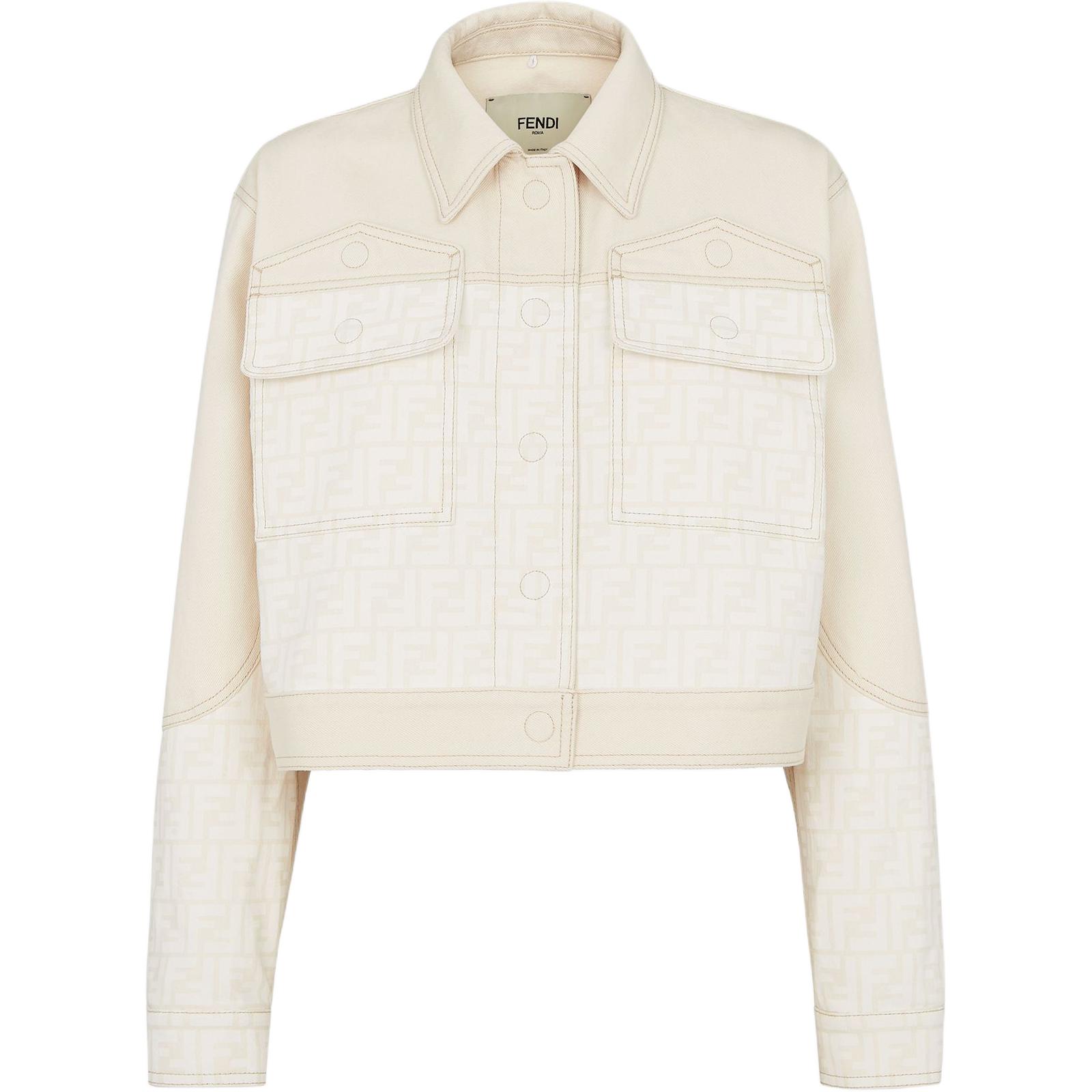 Ff Жаккардовая укороченная джинсовая куртка FENDI, Белая 
Ff Жаккардовая укороченная джинсовая куртка FENDI, Белая