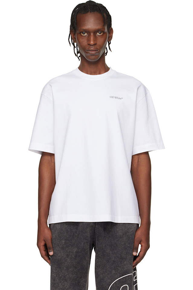 Off-White Белая футболка с логотипом скейтборда в виде половины стрелы
Off-White Белая футболка с логотипом скейтборда в виде половины стрелы